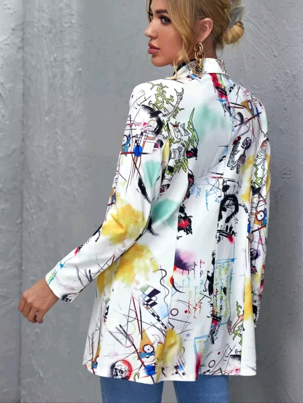 Abstract Print White Open Blazer Jacket - Picture 2 of 5